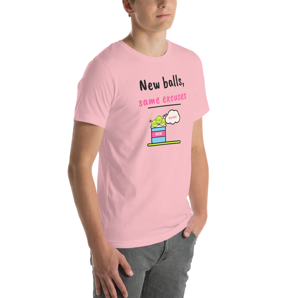 Front-right view of the pink New Balls, Same Excuses Padel Tee