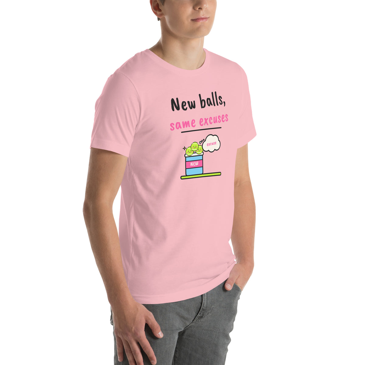 Front-right view of the pink New Balls, Same Excuses Padel Tee