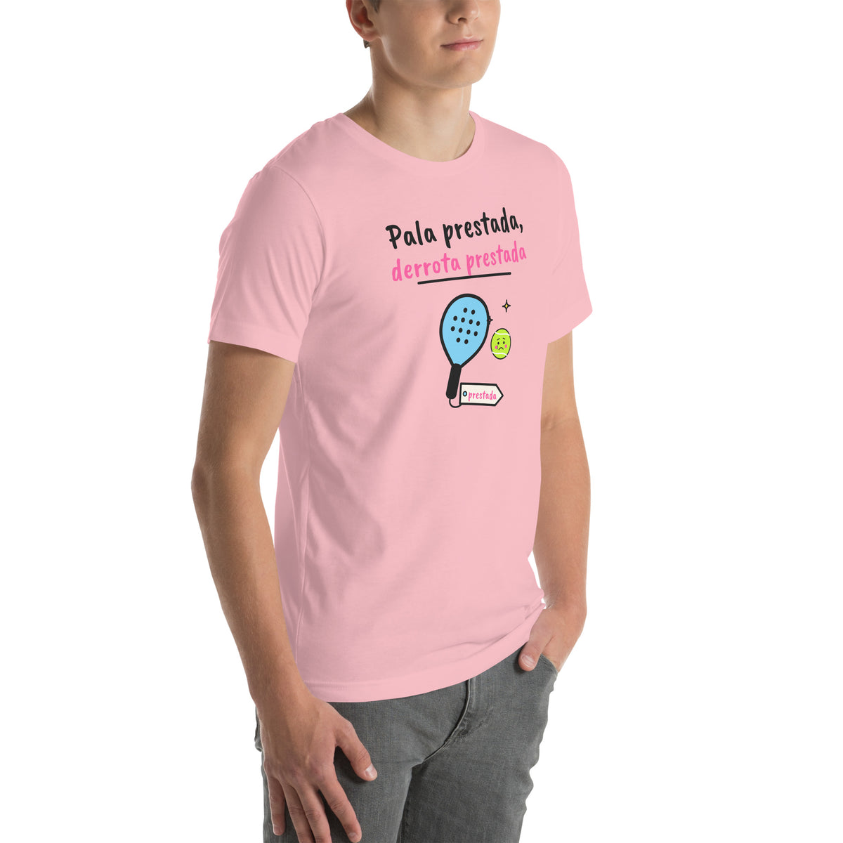 Front-right view of the pink Pala Prestada, Derrota Prestada Padel Tee