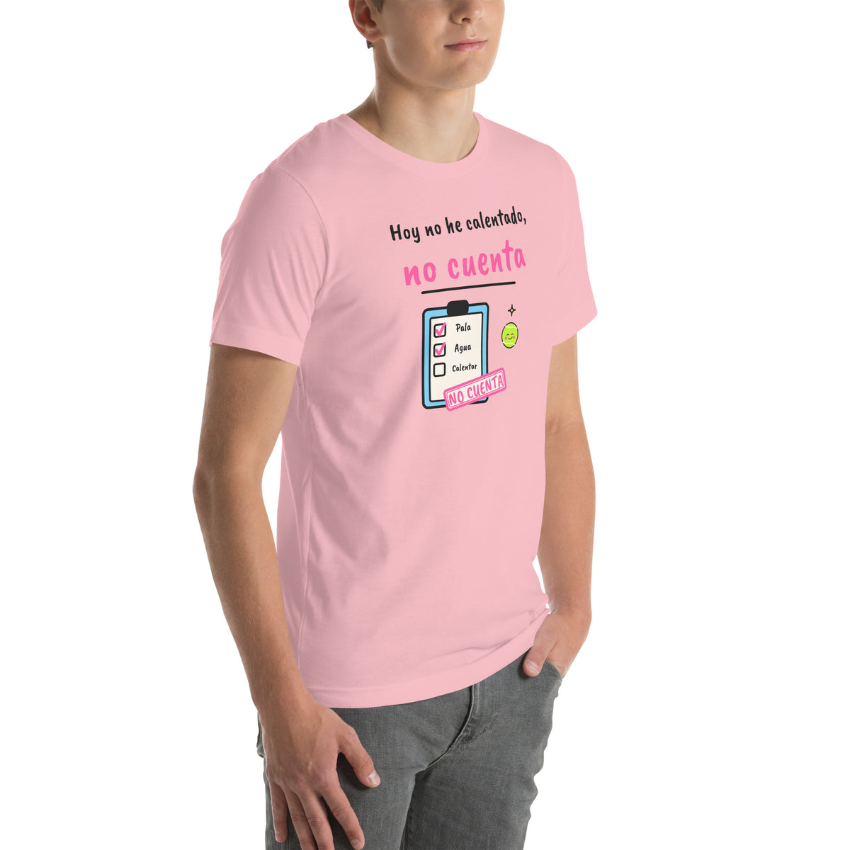 Front-right view of the pink Hoy No He Calentado, No Cuenta Padel Tee