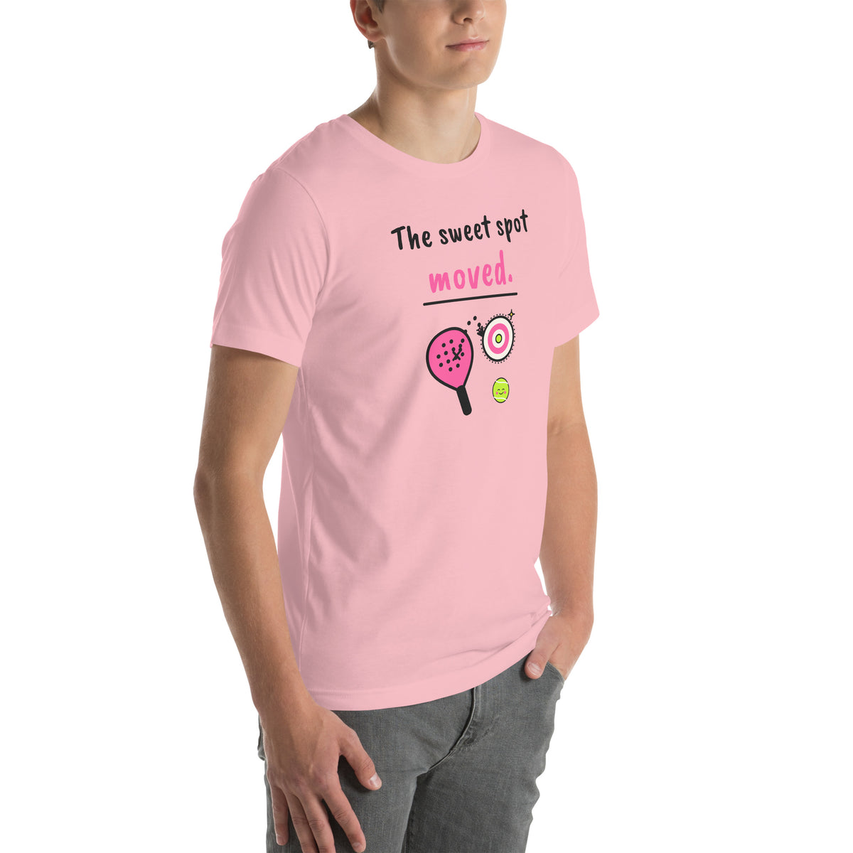Front-right view of the pink The Sweet Spot Moved. Padel Tee