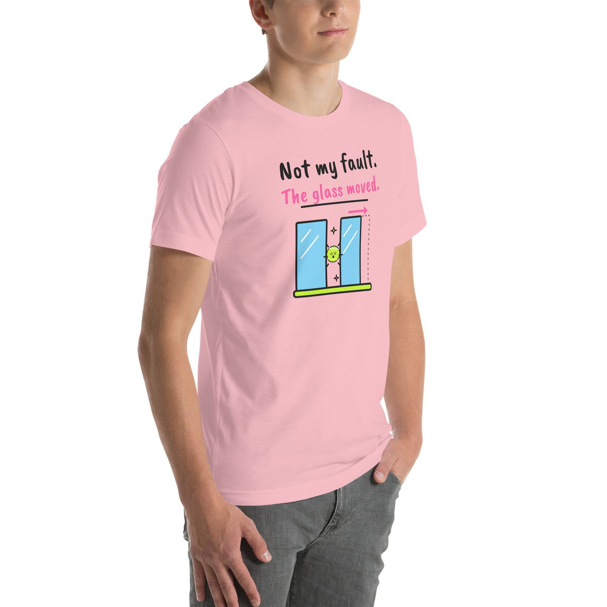 Front-right view of the pink Not My Fault. The Glass Moved. Padel Tee