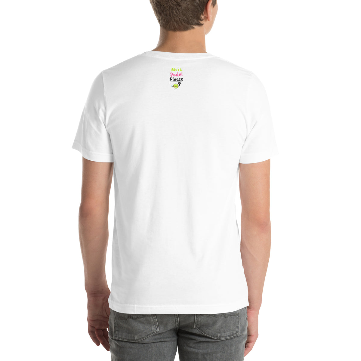 Back of the white Last Court 23:00 Padel Tee showing the More Padel Please logo under the collar