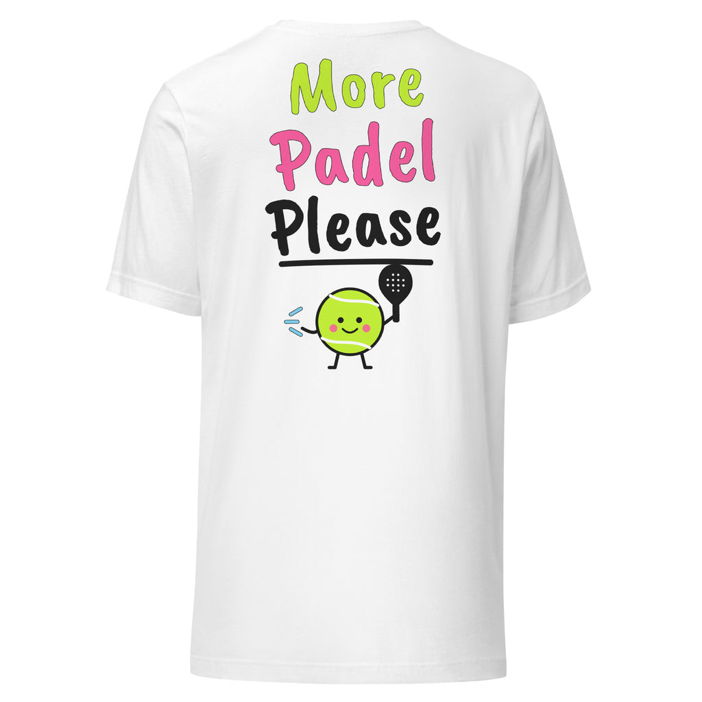 Switch! Padel Tee – White, back (large More Padel Please logo)