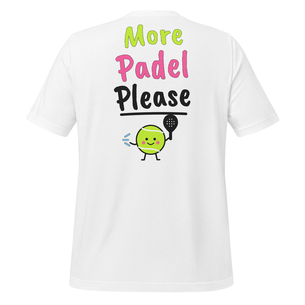 What’s The Score? Padel Tee – White, back (large More Padel Please logo)