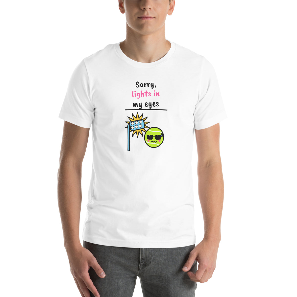 Front of the white Sorry, Lights In My Eyes Padel Tee