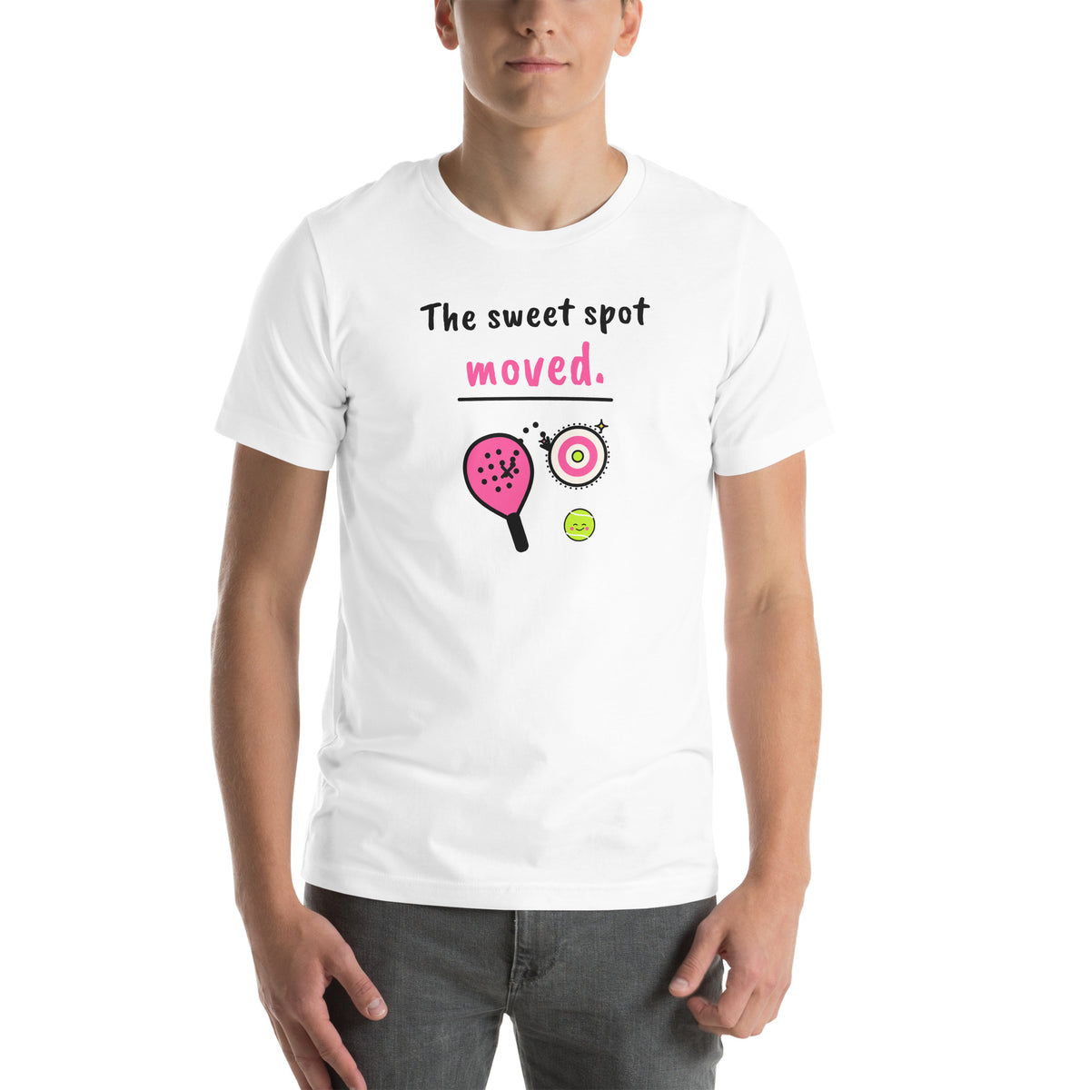 Front of the white The Sweet Spot Moved. Padel Tee