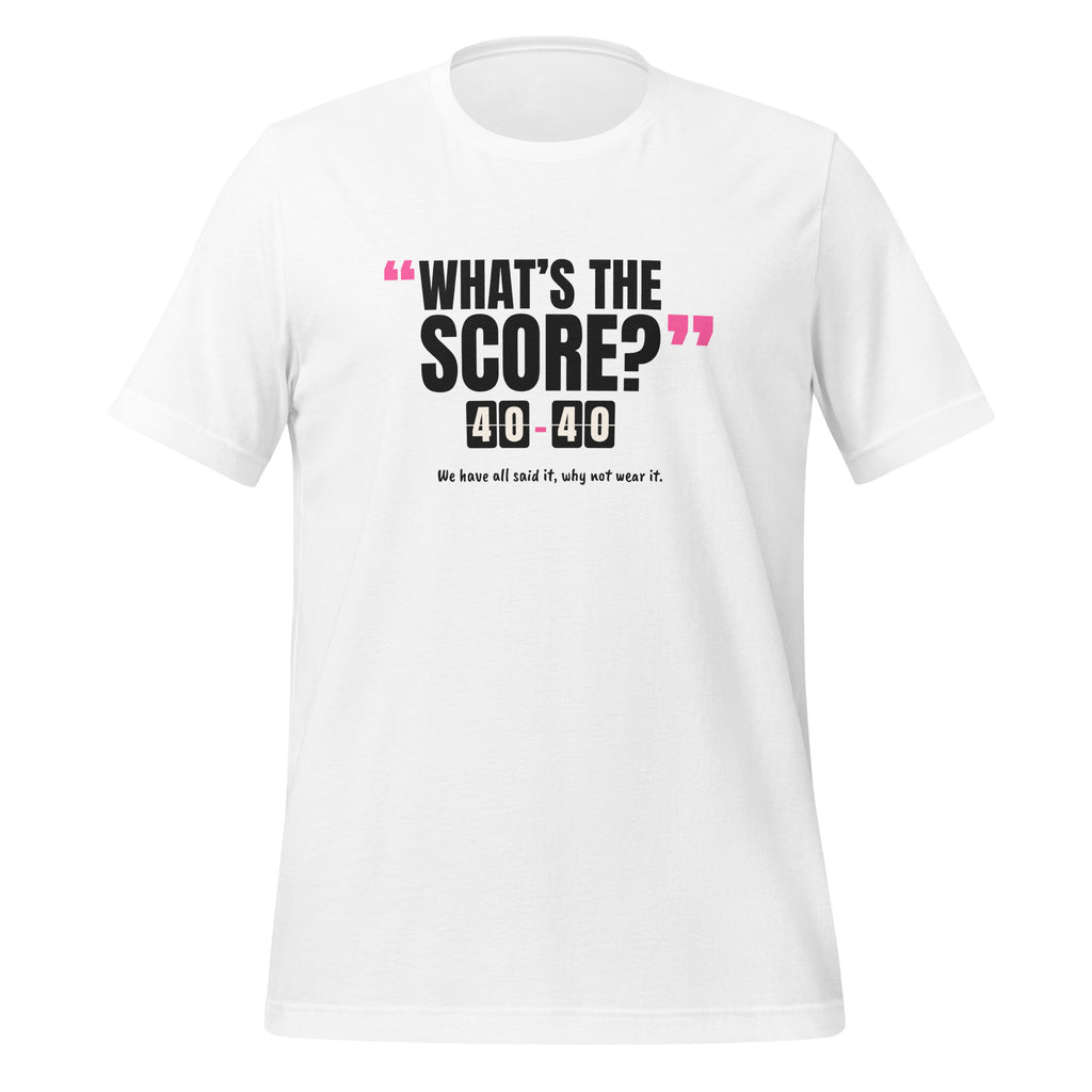 What’s The Score? Padel Tee – White, front (“What’s the score?” print)