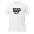What’s The Score? Padel Tee – White, front (“What’s the score?” print)