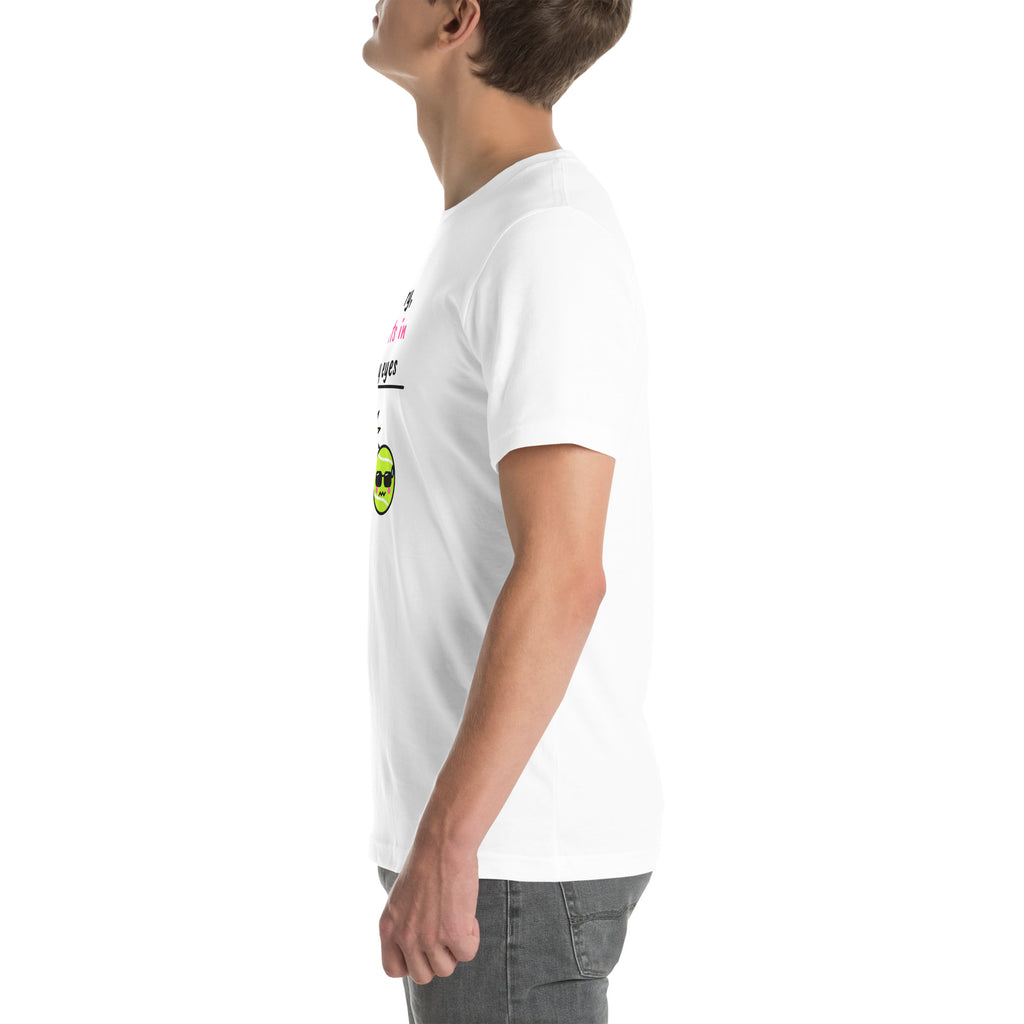 Left side of the white Sorry, Lights In My Eyes Padel Tee