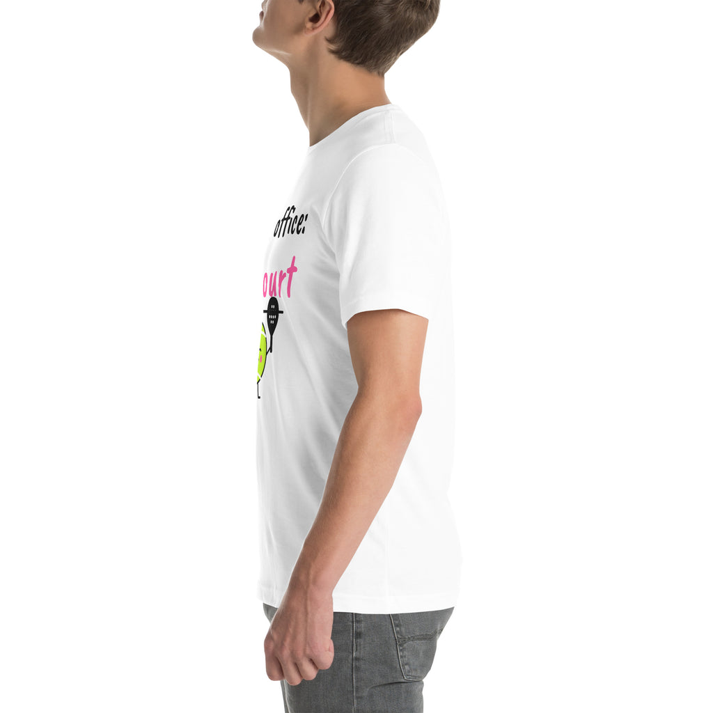 Left side of the white Out of Office Padel Tee