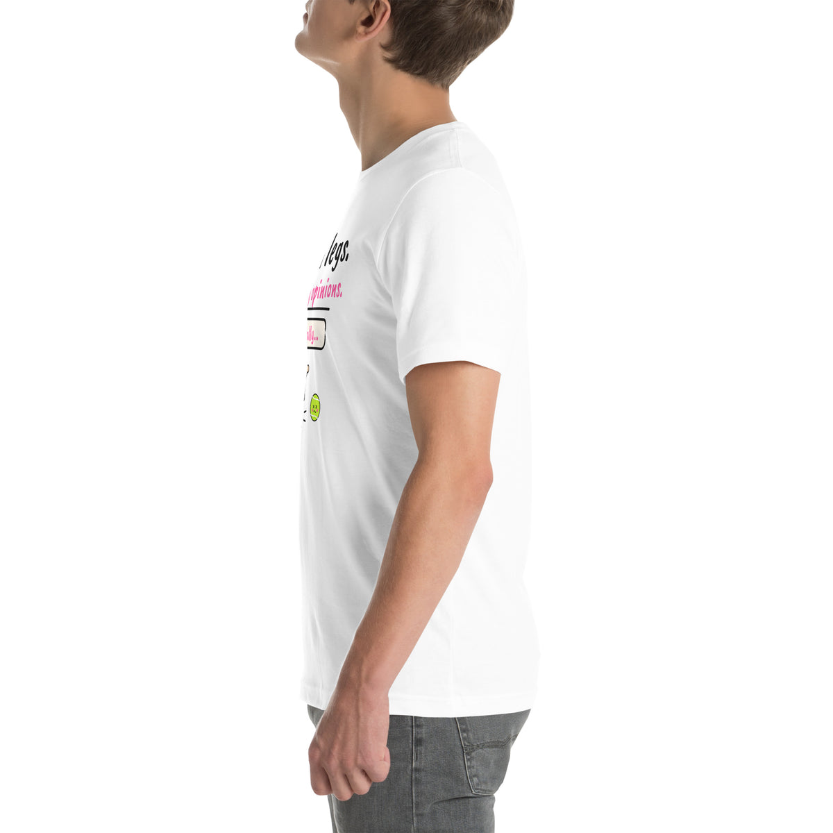 Left side of the white Tired Legs. Strong Opinions. Padel Tee