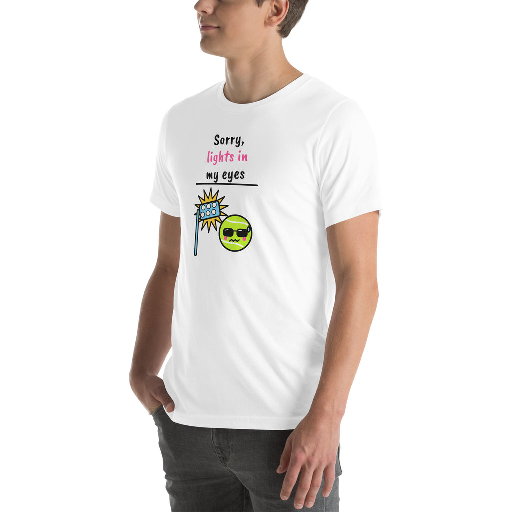 Front-left view of the white Sorry, Lights In My Eyes Padel Tee
