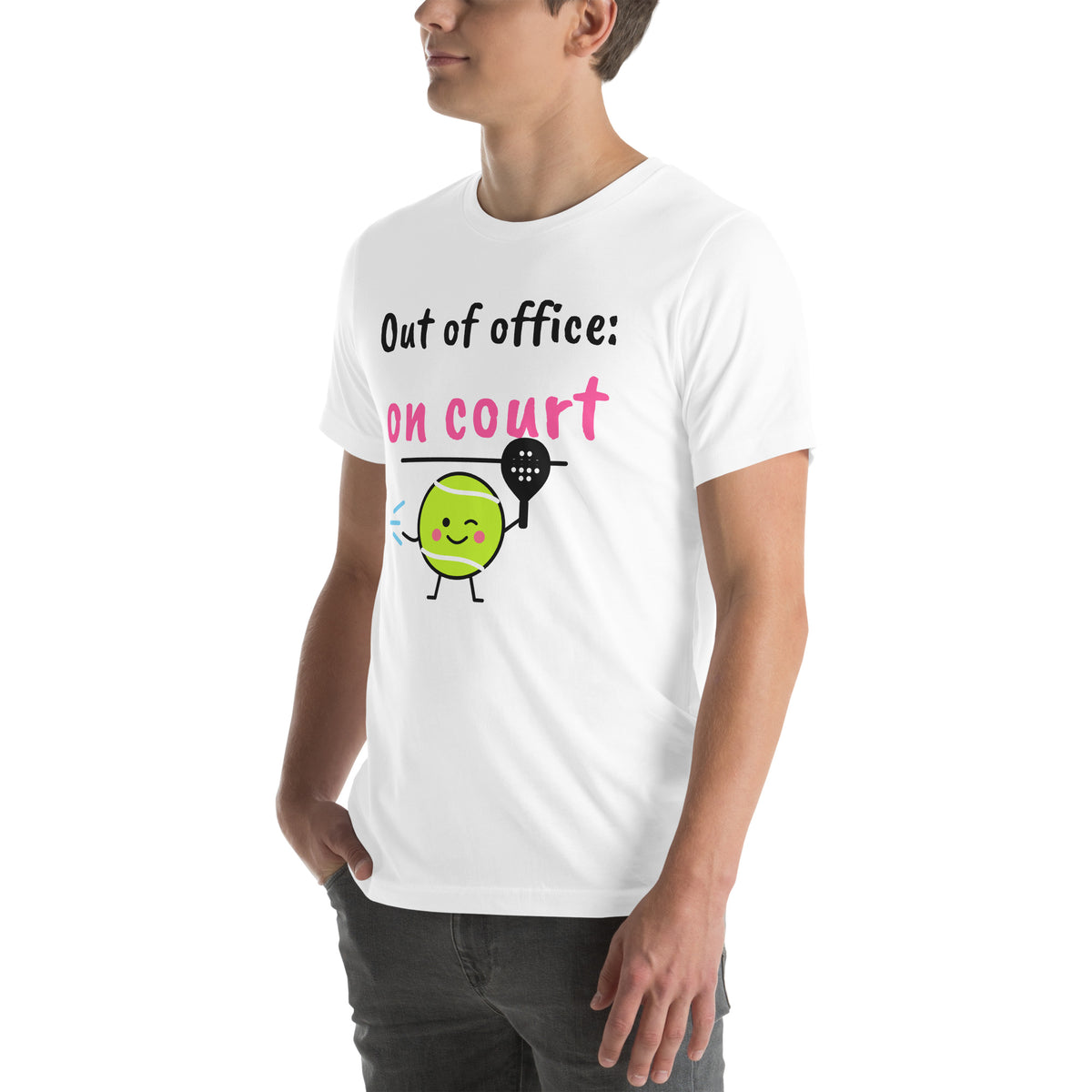 Front-left view of the white Out of Office Padel Tee
