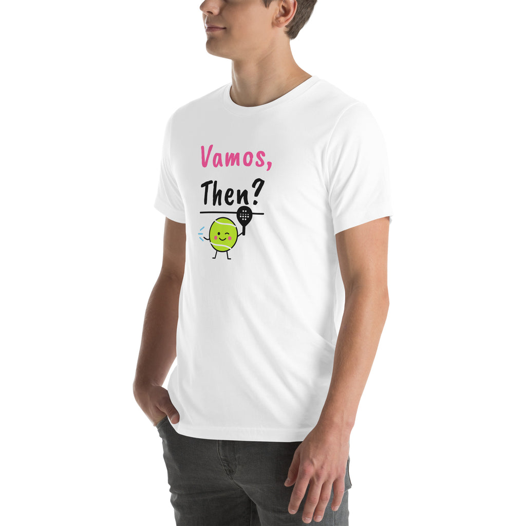 Front-left view of the white Vamos, Then? Padel Tee