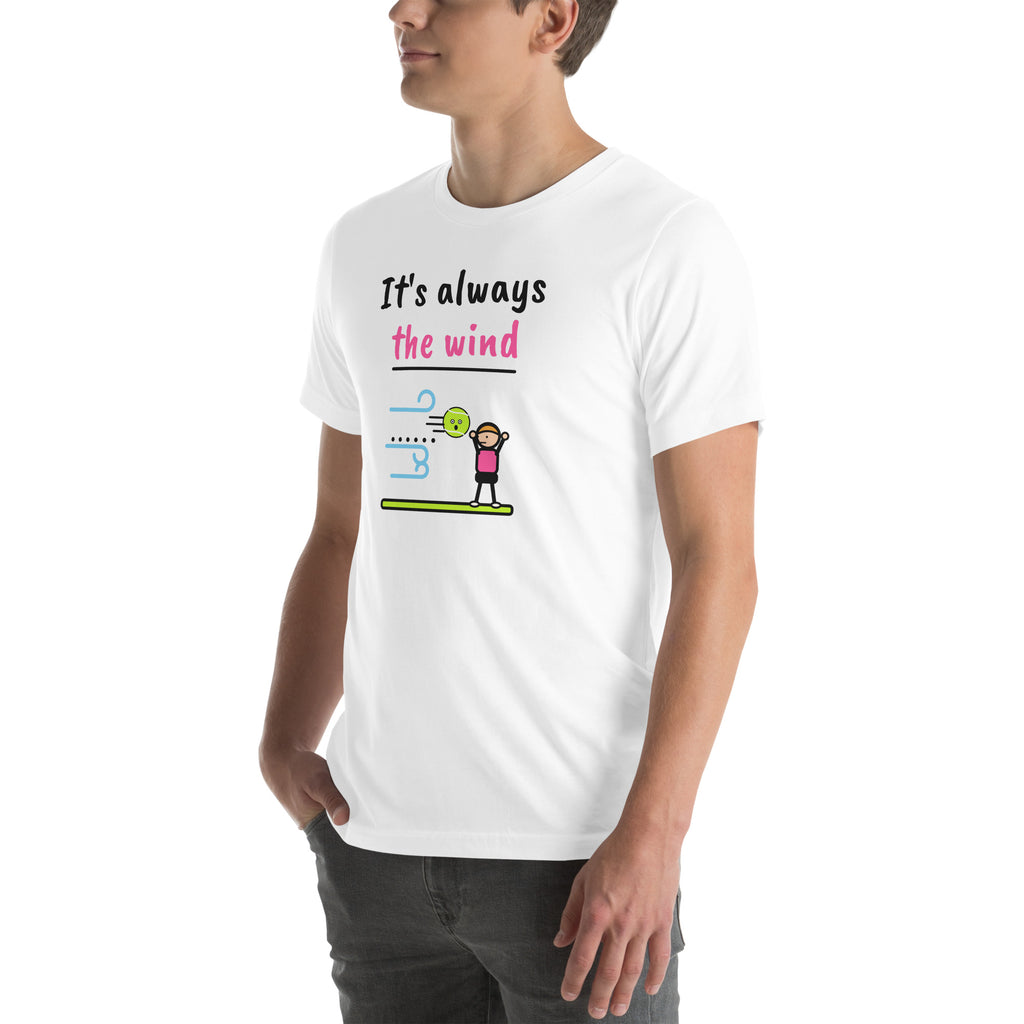 Front-left view of the white It's Always The Wind Padel Tee