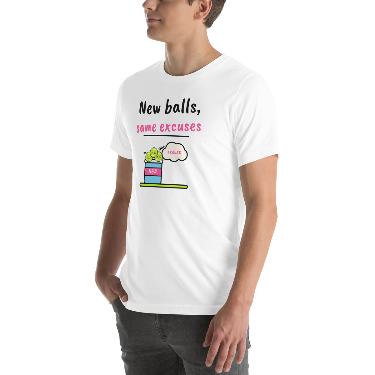Front-left view of the white New Balls, Same Excuses Padel Tee