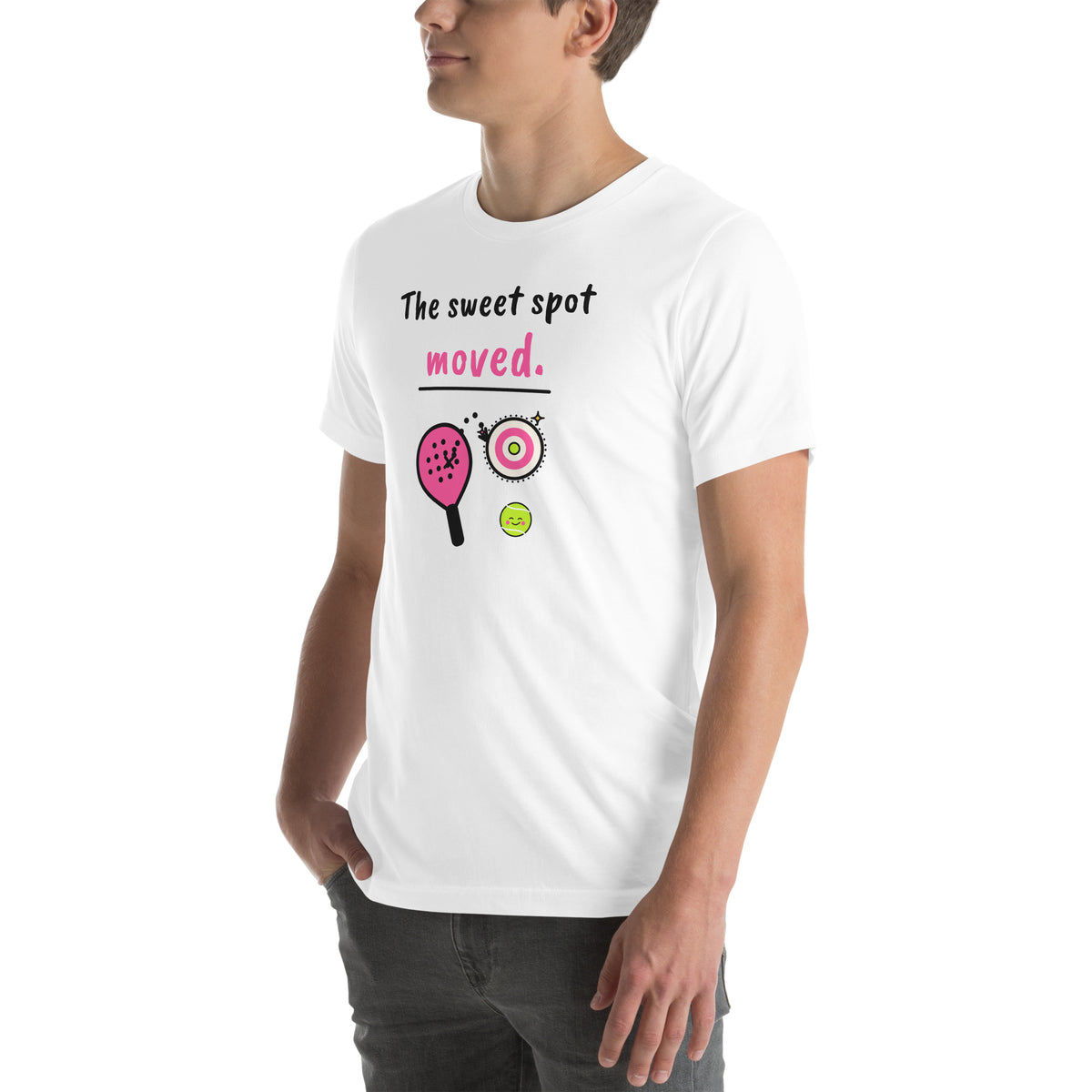 Front-left view of the white The Sweet Spot Moved. Padel Tee
