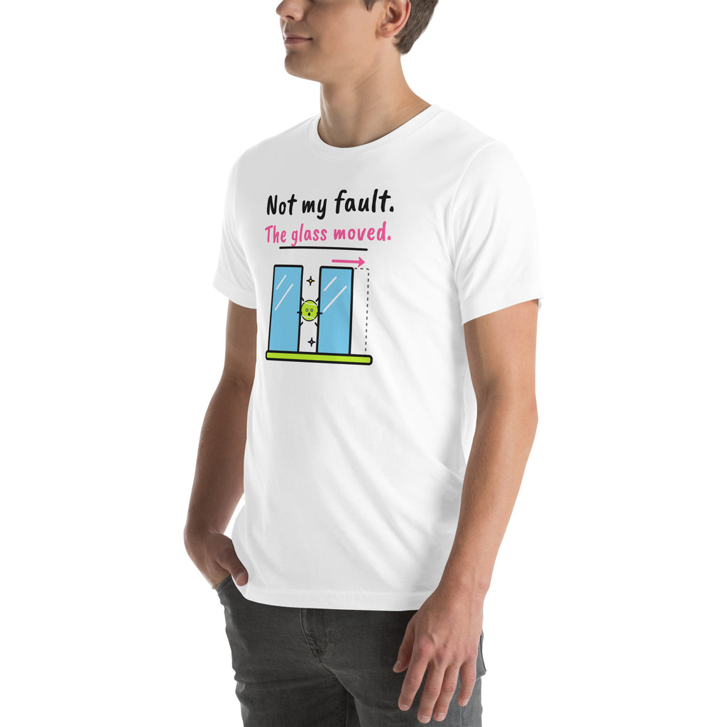 Front-left view of the white Not My Fault. The Glass Moved. Padel Tee