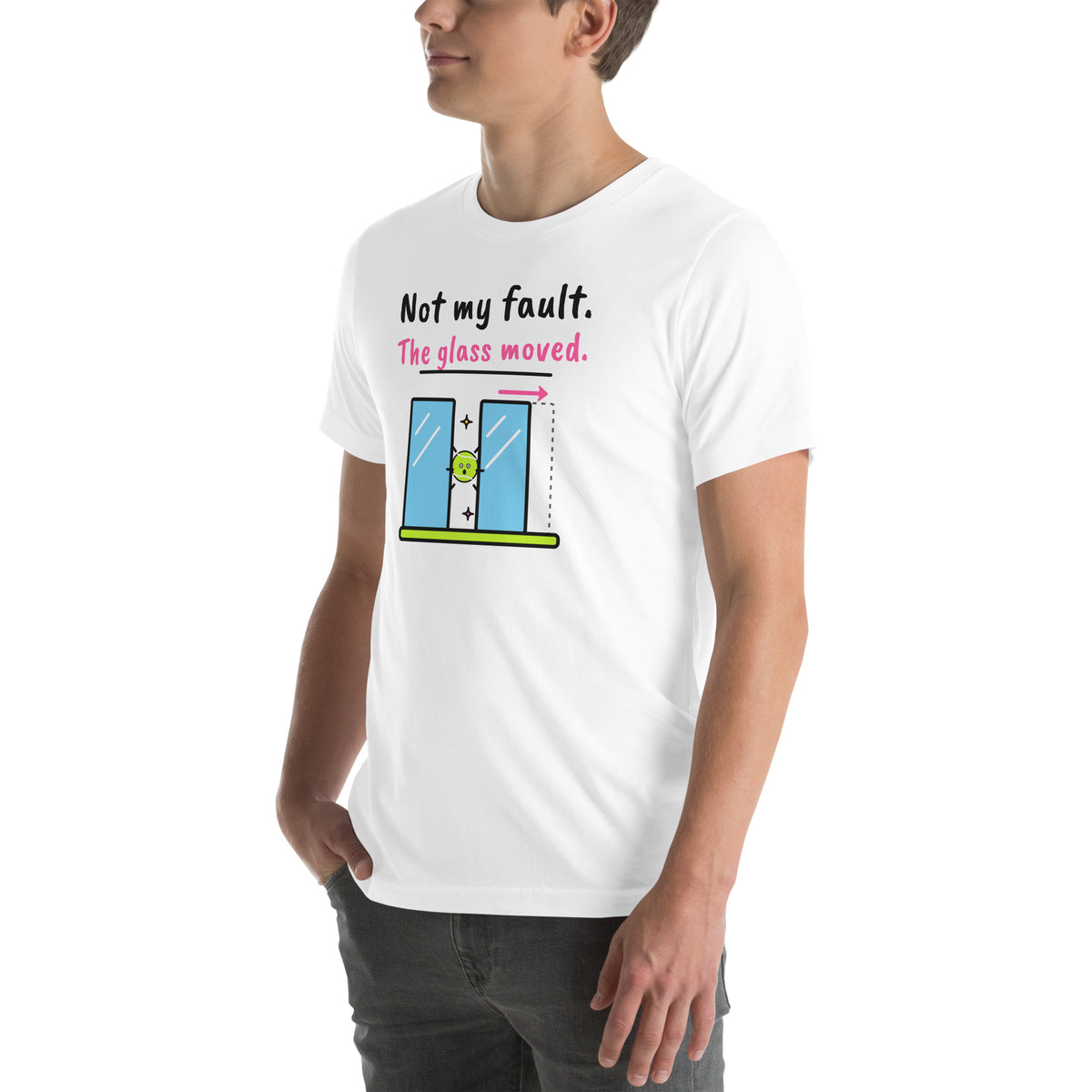 Front-left view of the white Not My Fault. The Glass Moved. Padel Tee