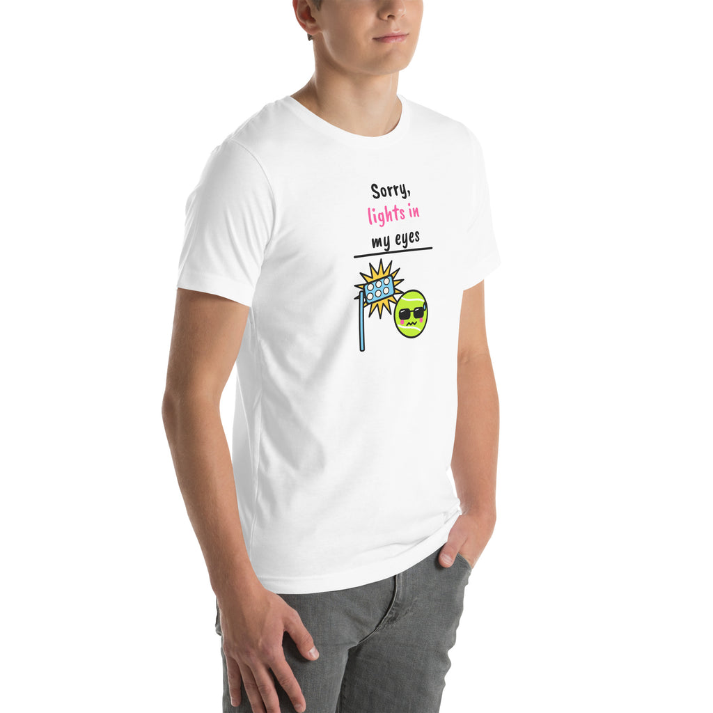 Front-right view of the white Sorry, Lights In My Eyes Padel Tee