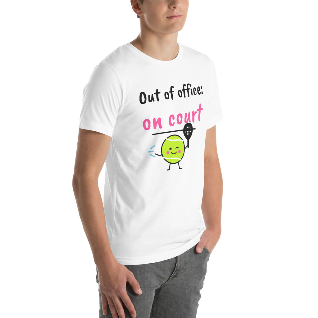 Front-right view of the white Out of Office Padel Tee