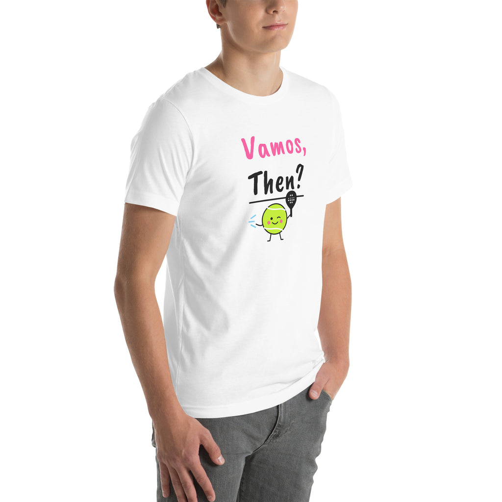 Front-right view of the white Vamos, Then? Padel Tee