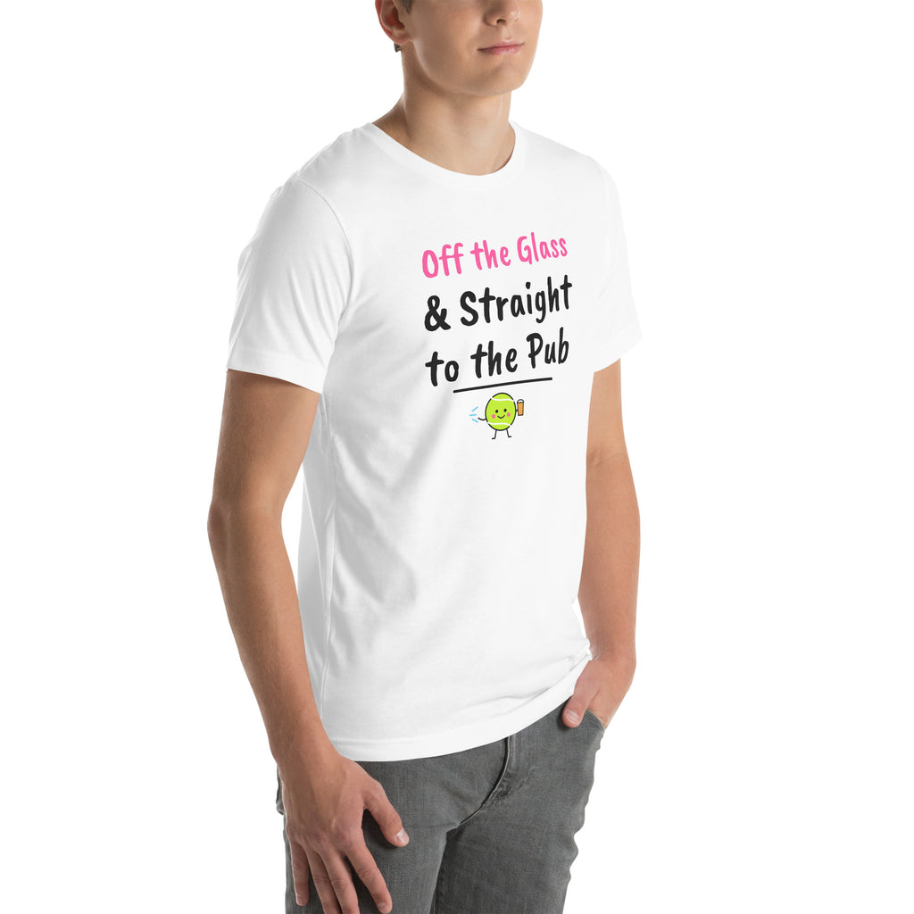 Front-right view of the white Off the Glass Padel Tee