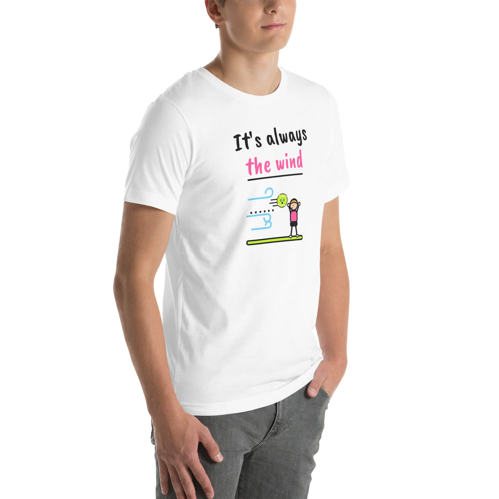 Front-right view of the white It's Always The Wind Padel Tee
