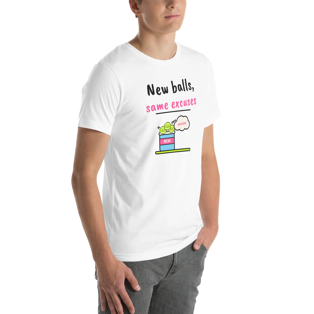 Front-right view of the white New Balls, Same Excuses Padel Tee