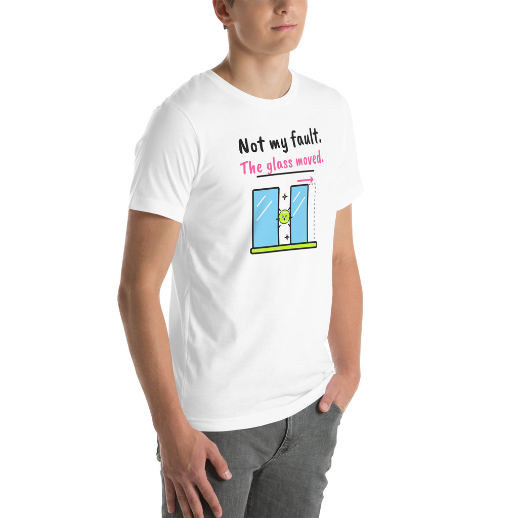 Front-right view of the white Not My Fault. The Glass Moved. Padel Tee