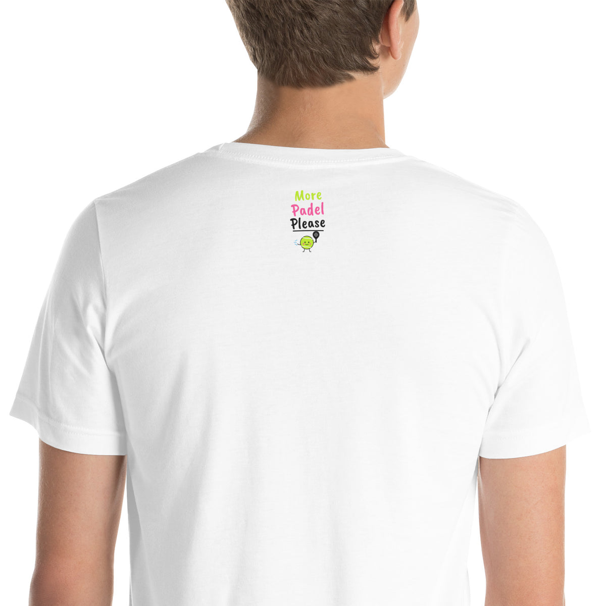 Close-up of the More Padel Please logo under the collar on the back of the white Lob-ster Padel Tee