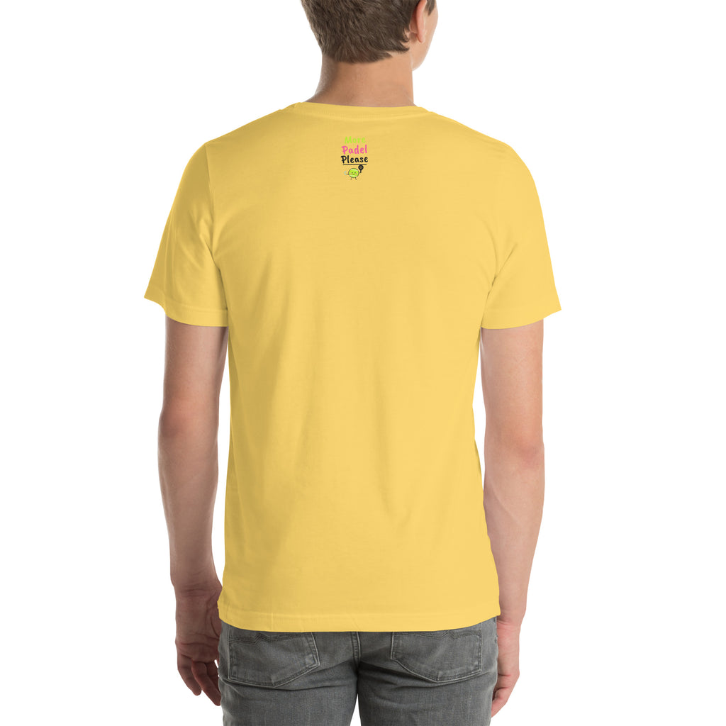 Back of the yellow Out of Office Padel Tee showing the More Padel Please logo under the collar