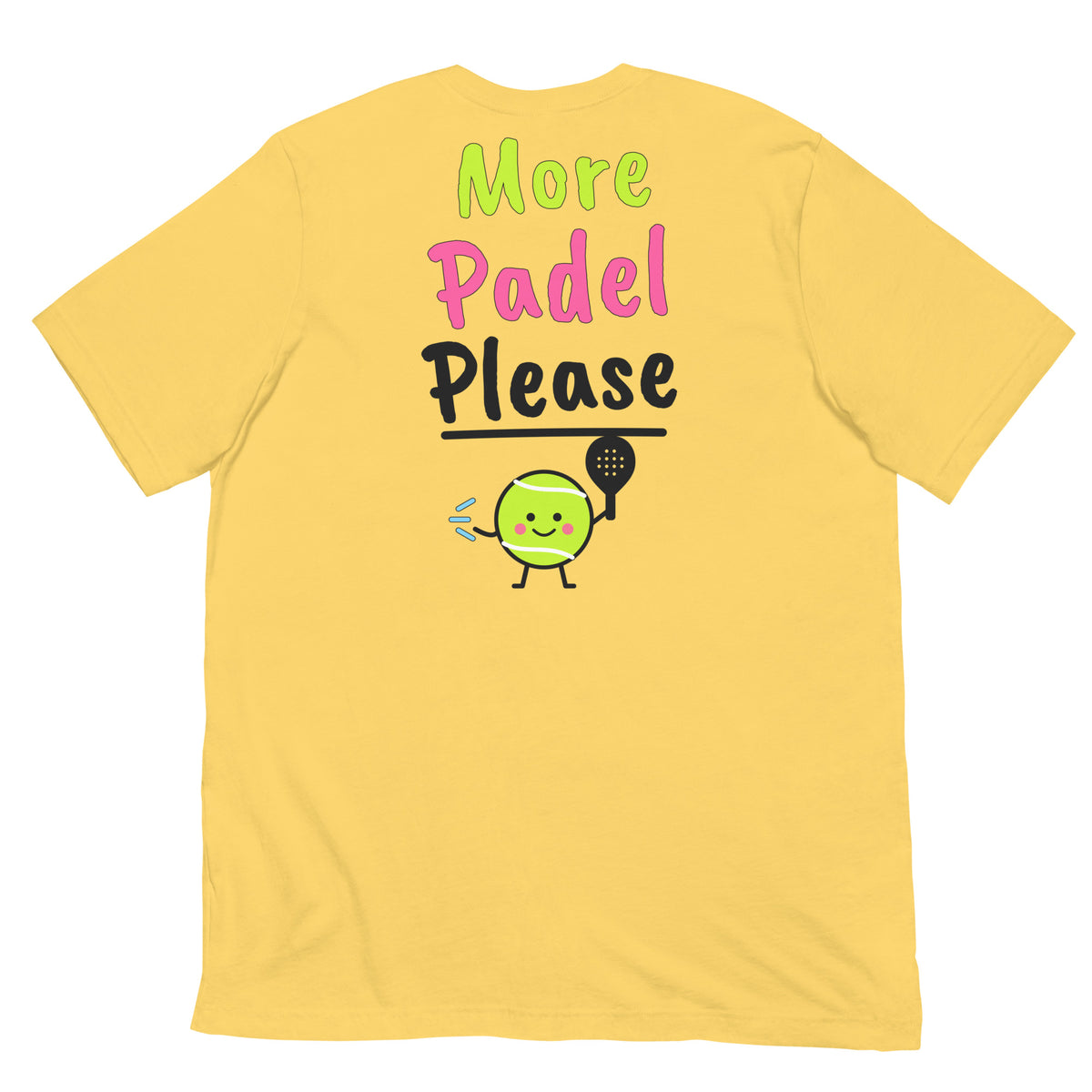 One More Padel Tee – Yellow, back (large More Padel Please logo)