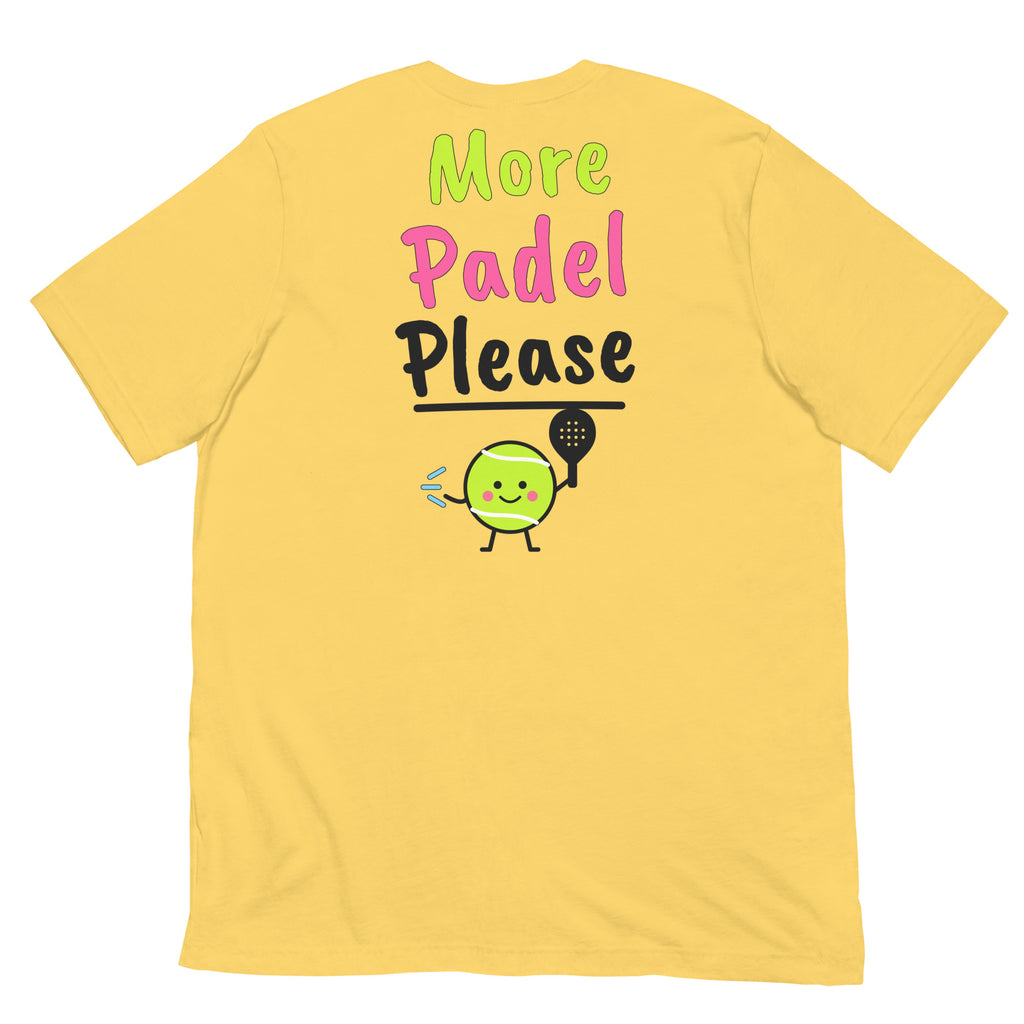 Let’s Go! Padel Tee – Yellow, back (large More Padel Please logo)