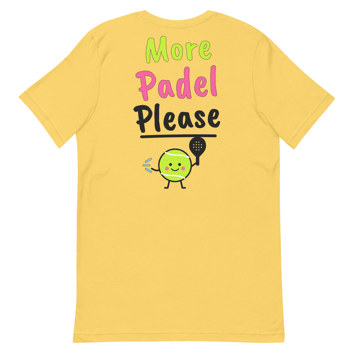 Sorry, Net Cord Padel Tee – Yellow, back (large More Padel Please logo)