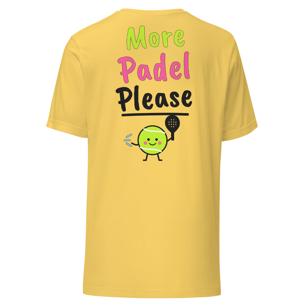 Switch! Padel Tee – Yellow, back (large More Padel Please logo)