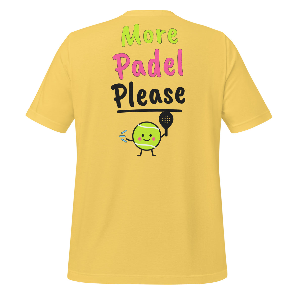 What’s The Score? Padel Tee – Yellow, back (large More Padel Please logo)