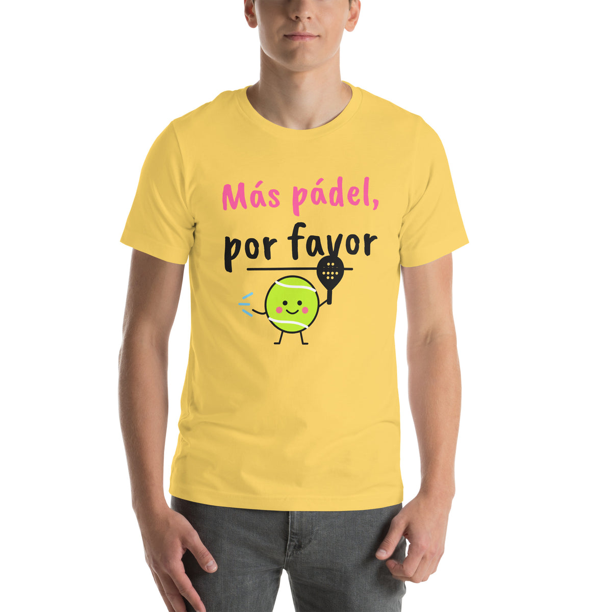 Front of the yellow Más Pádel, Por Favor Padel Tee