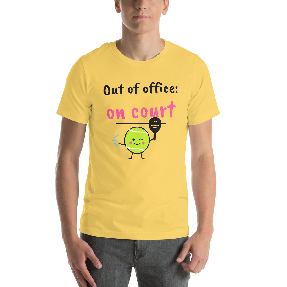 Front of the yellow Out of Office Padel Tee