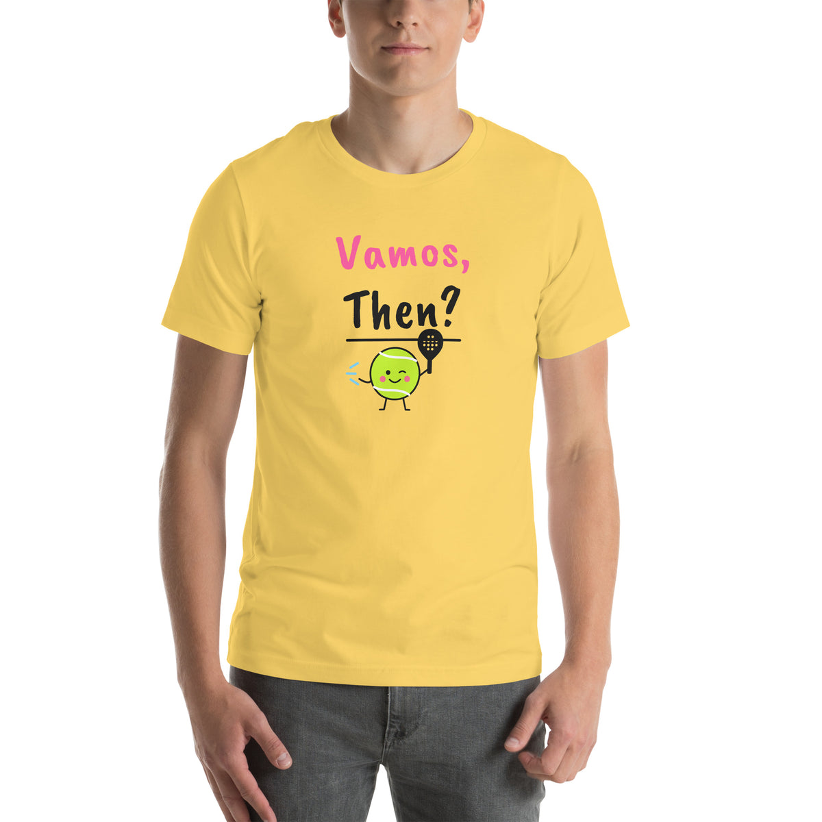 Front of the yellow Vamos, Then? Padel Tee