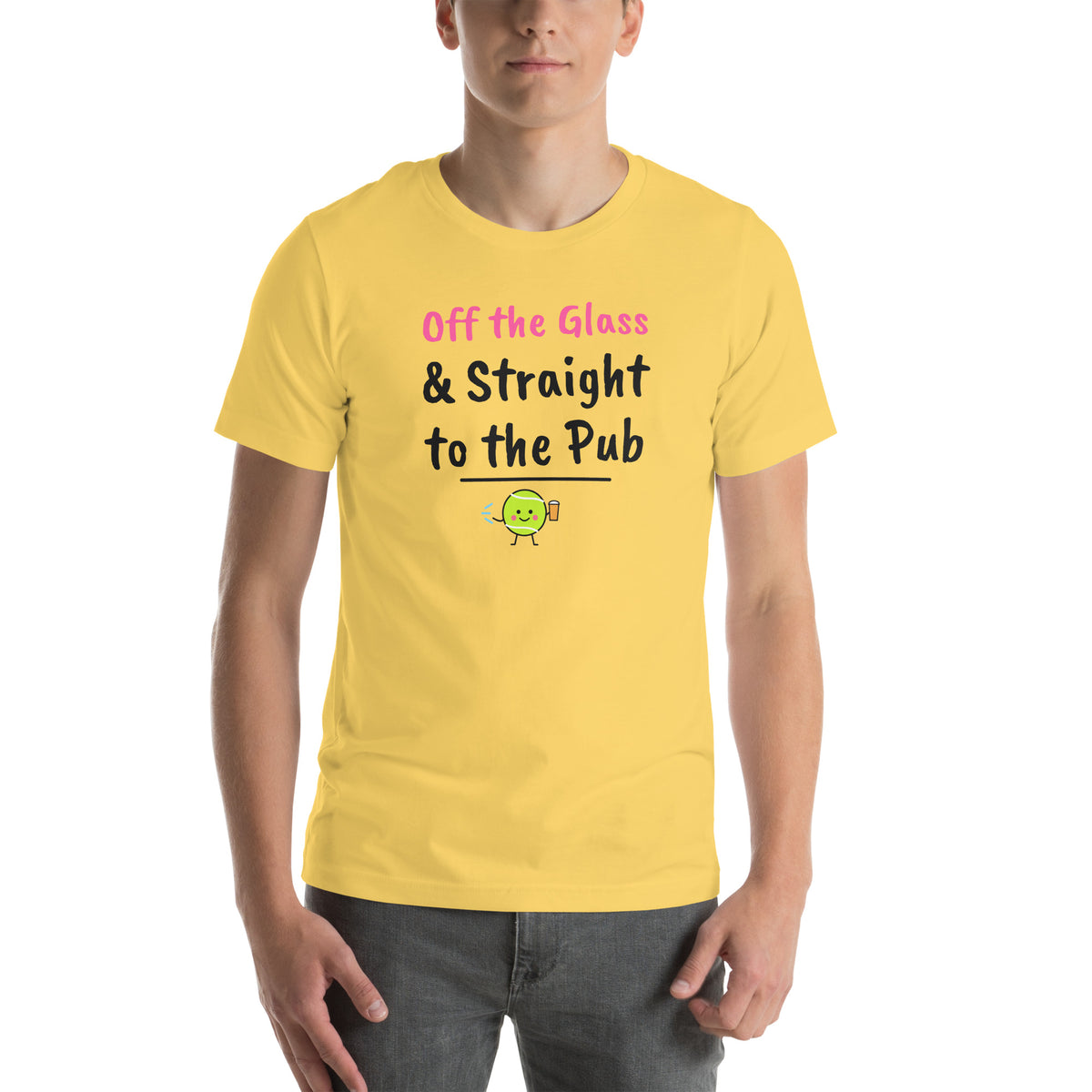 Front of the yellow Off the Glass Padel Tee