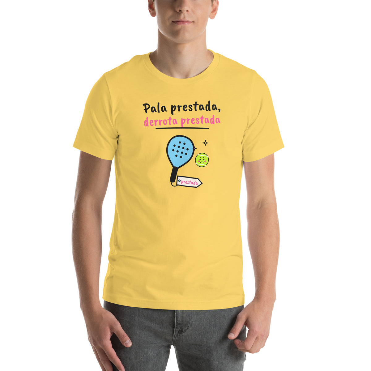 Front of the yellow Pala Prestada, Derrota Prestada Padel Tee