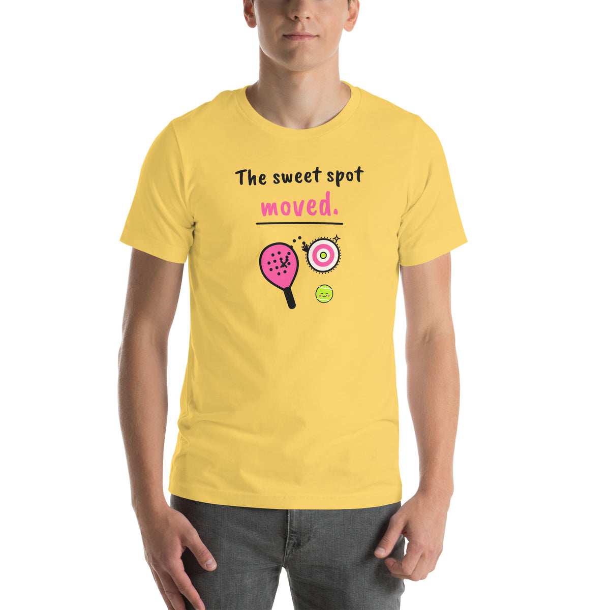 Front of the yellow The Sweet Spot Moved. Padel Tee