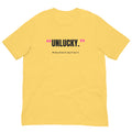 Unlucky Padel Tee – Yellow, front (“Unlucky.” print)