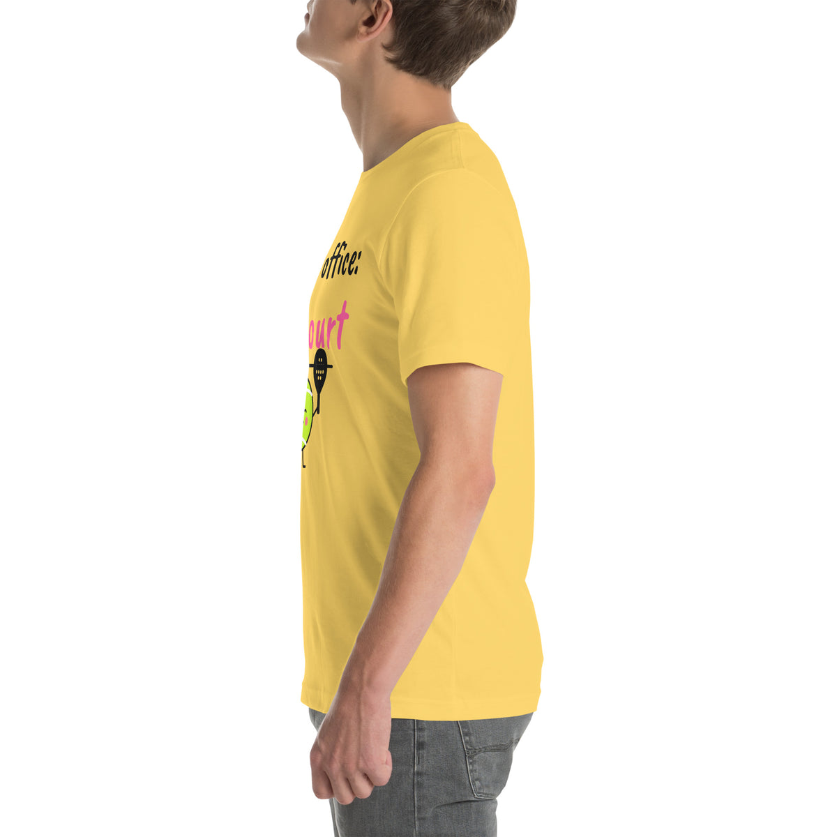 Left side of the yellow Out of Office Padel Tee