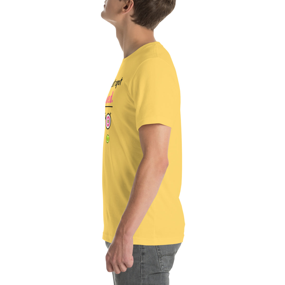 Left side of the yellow The Sweet Spot Moved. Padel Tee