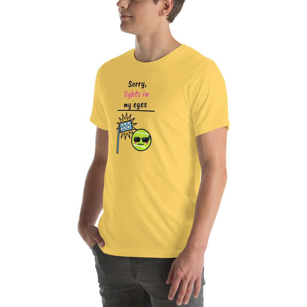 Front-left view of the yellow Sorry, Lights In My Eyes Padel Tee