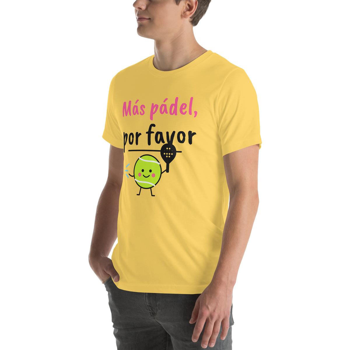 Front-left view of the yellow Más Pádel, Por Favor Padel Tee