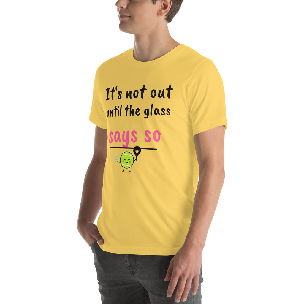 Front-left view of the yellow Glass Says So Padel Tee